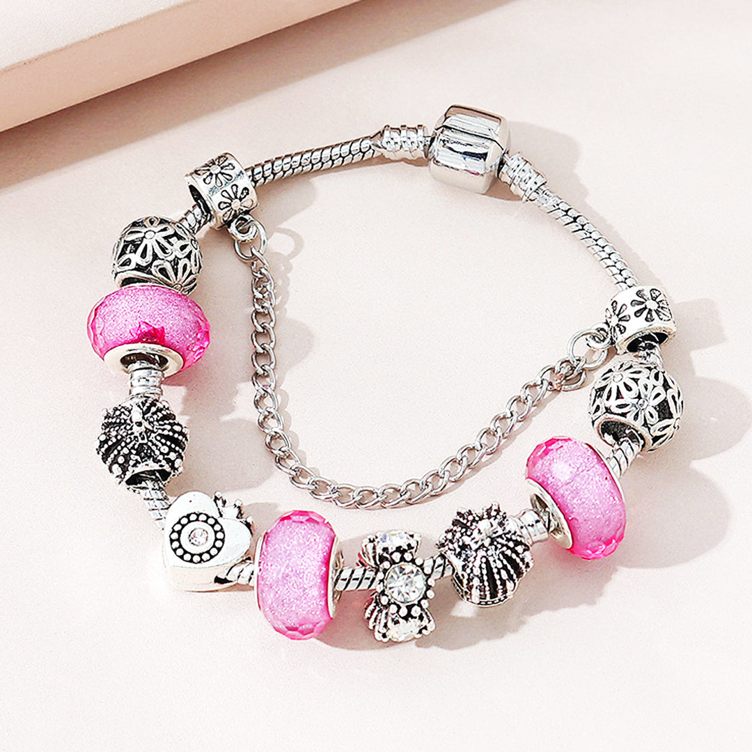 Luxe6222 Vintage Heart with Pink Beads Charm Bracelet –