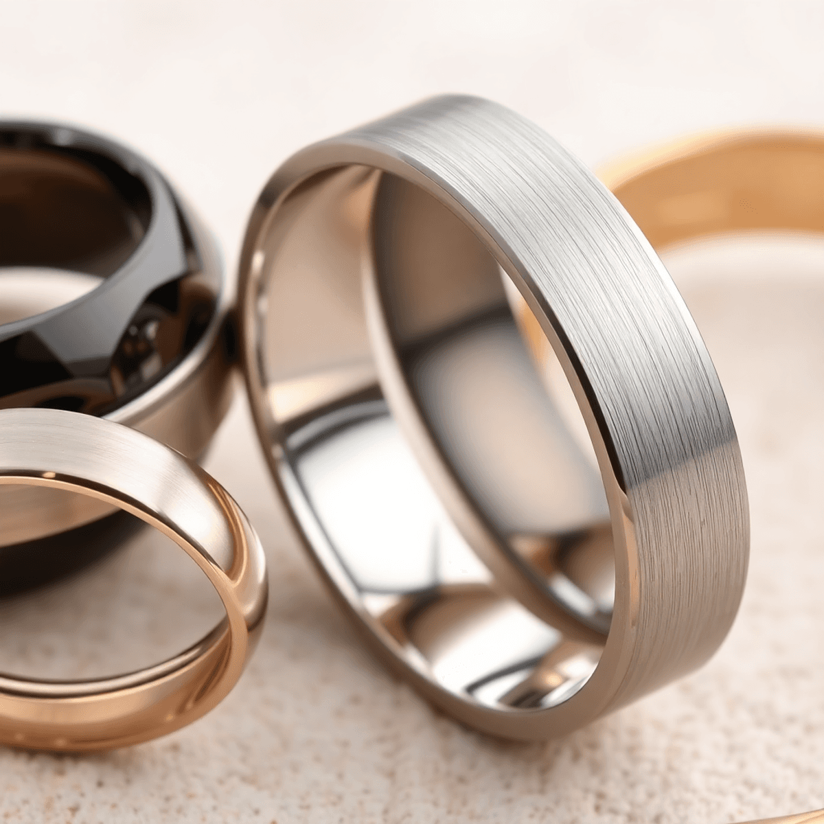 Close-up of various rings with glossy, matte, and brushed finishes displayed on a soft neutral background, highlighting their unique textures and shine.