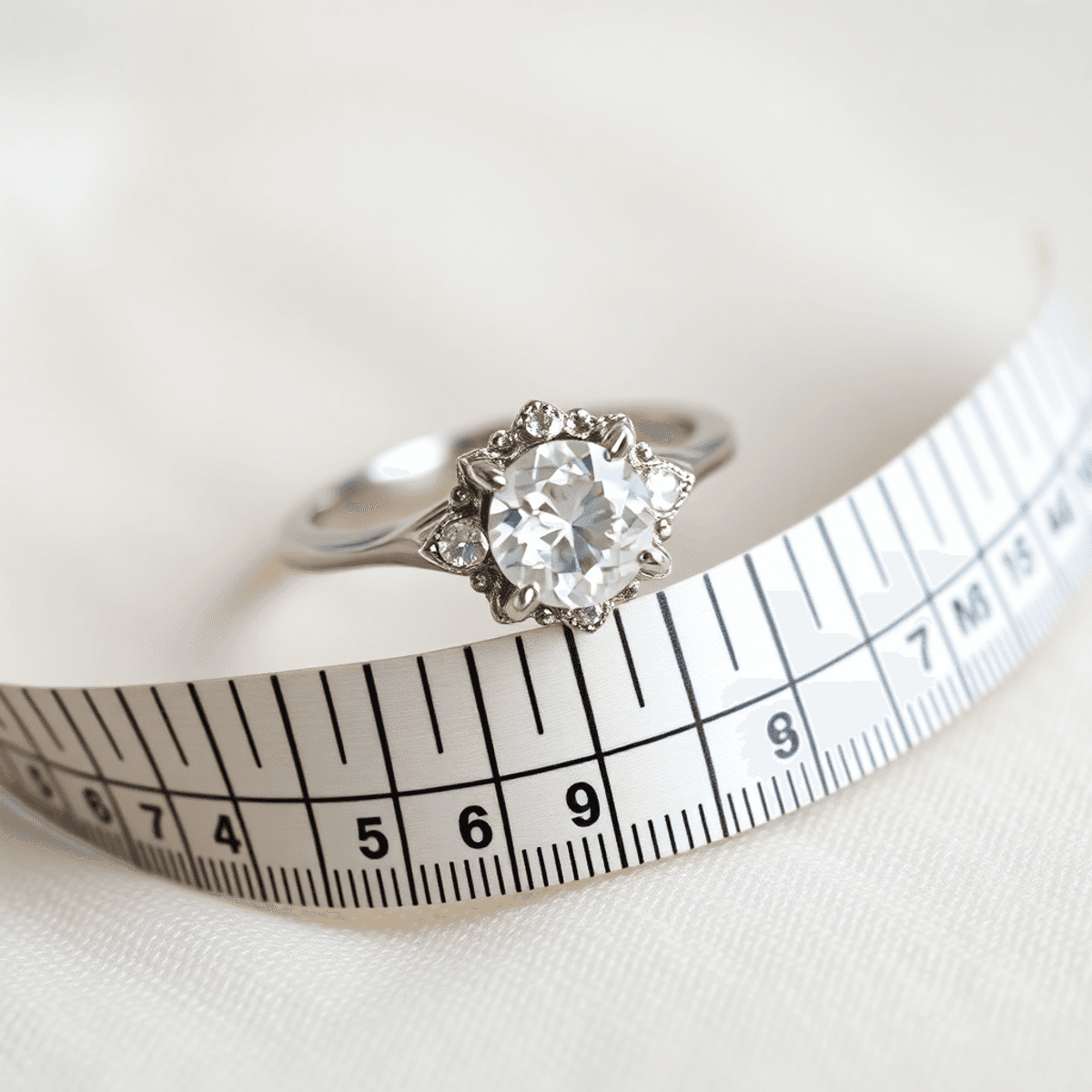 A close-up of an elegant engagement ring resting on a measuring tape, set against a soft, luxurious background.