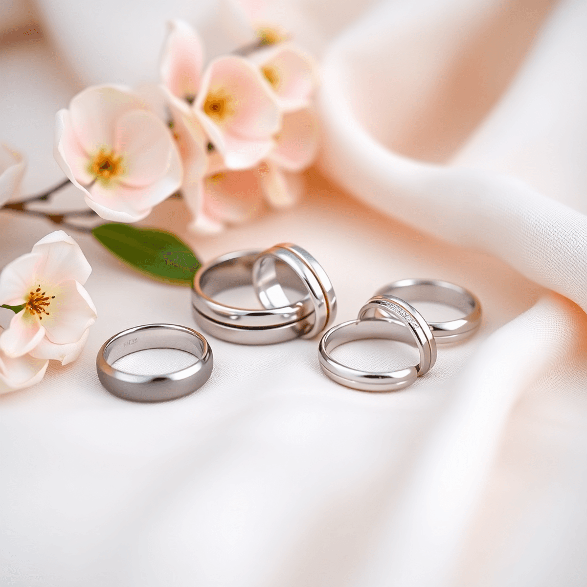 A variety of beautiful wedding bands made from different materials displayed on a soft, elegant background with delicate flowers and fabric accents.