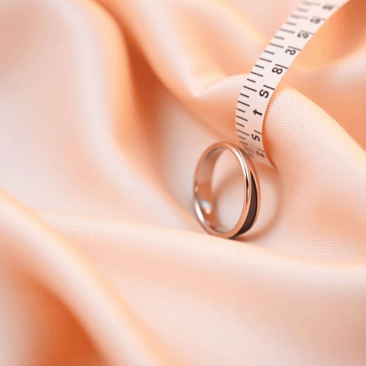 Close-up of an elegant adjustable ring on soft fabric, with warm lighting highlighting its unique design and a ruler subtly included for size reference.