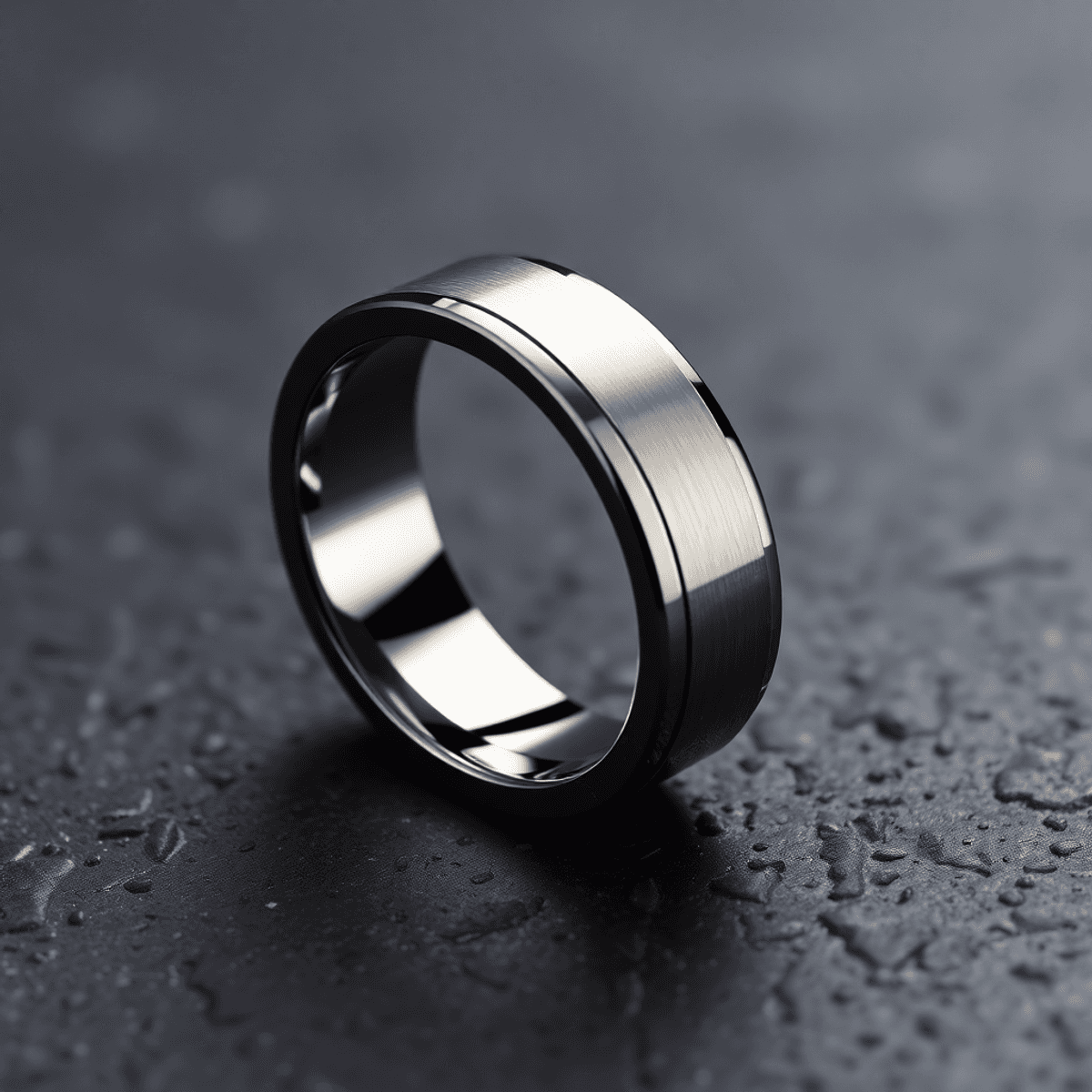 Close-up of a sleek tungsten ring on a textured surface, featuring a shiny finish and subtle background that enhances its elegance and durability. Soft lighting