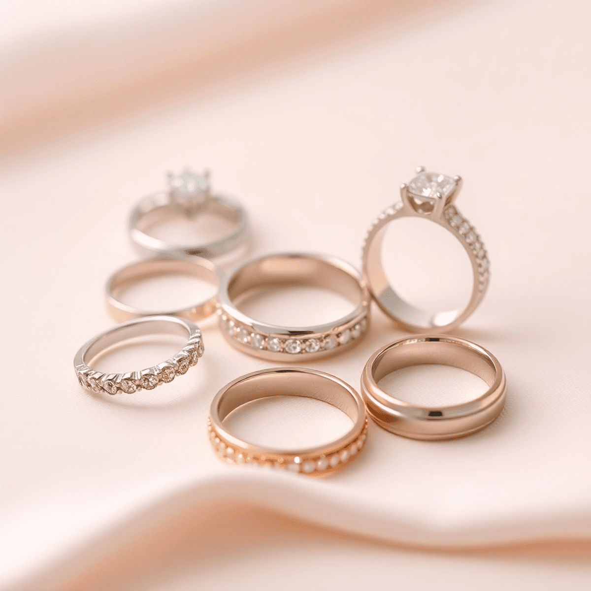 An elegant display of wedding bands in various styles and materials, set against a soft, light background to highlight their quality and craftsmanship.