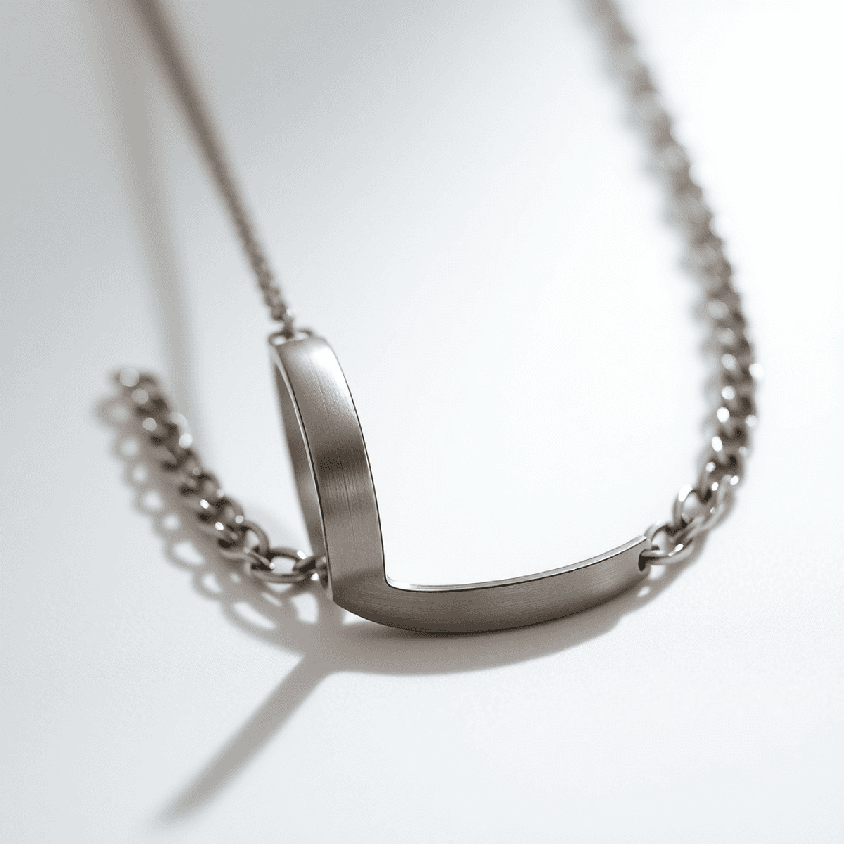 Close-up of a polished tungsten necklace on an elegant background, showcasing its unique design and reflective quality, conveying luxury and modernity.