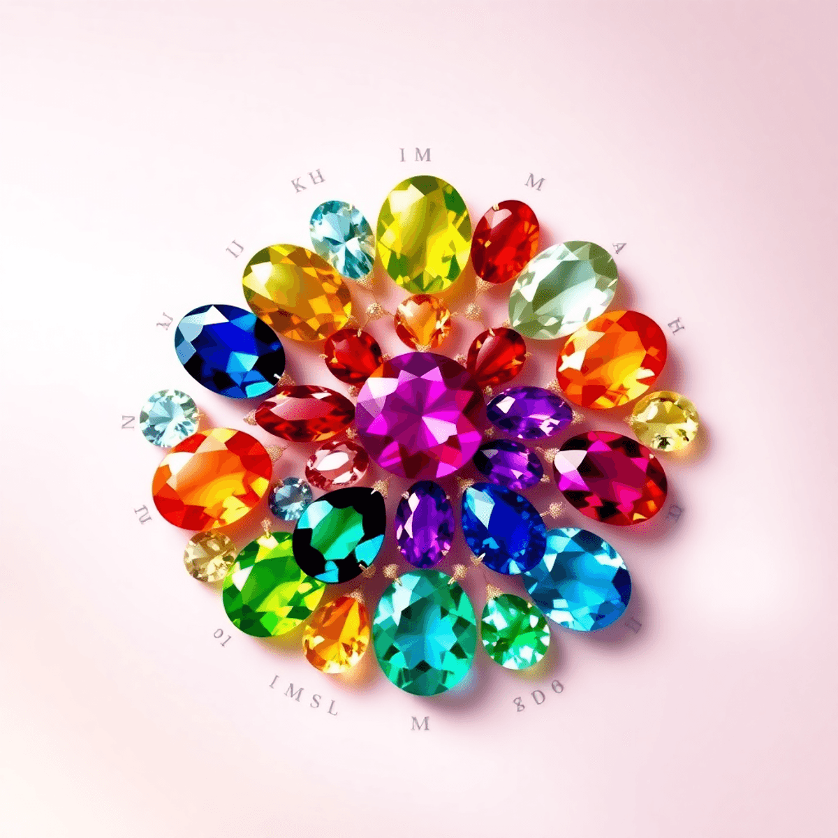 A circular arrangement of colorful birthstones, each representing a month, set against a soft background with subtle symbols of hearts and gift boxes.