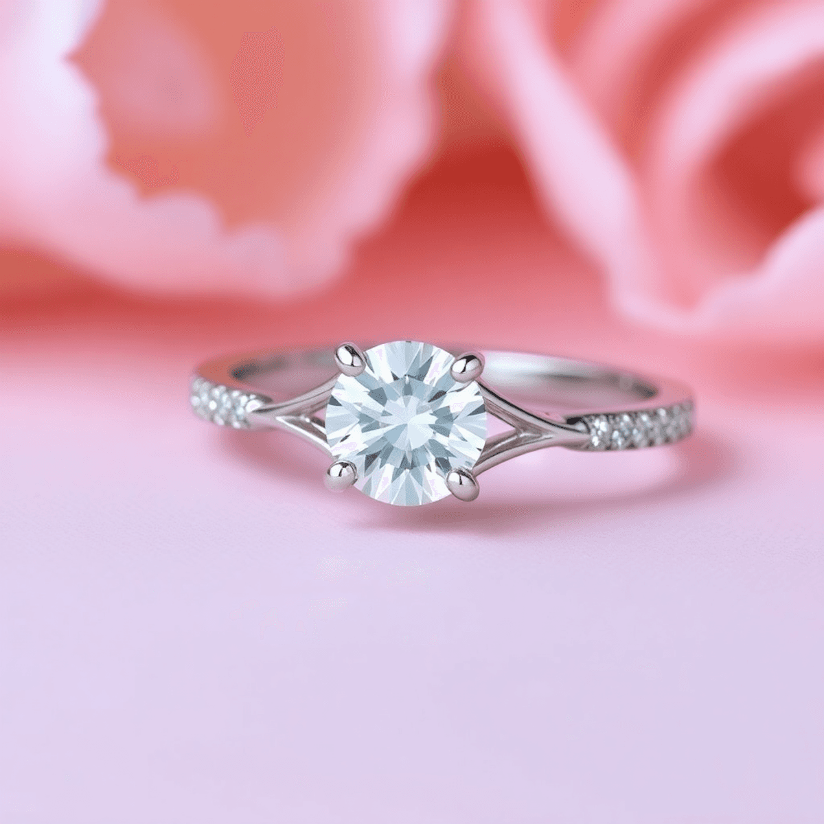 Close-up of an elegant 925 Sterling Silver engagement ring with sparkling cubic zirconia on a soft, romantic background.