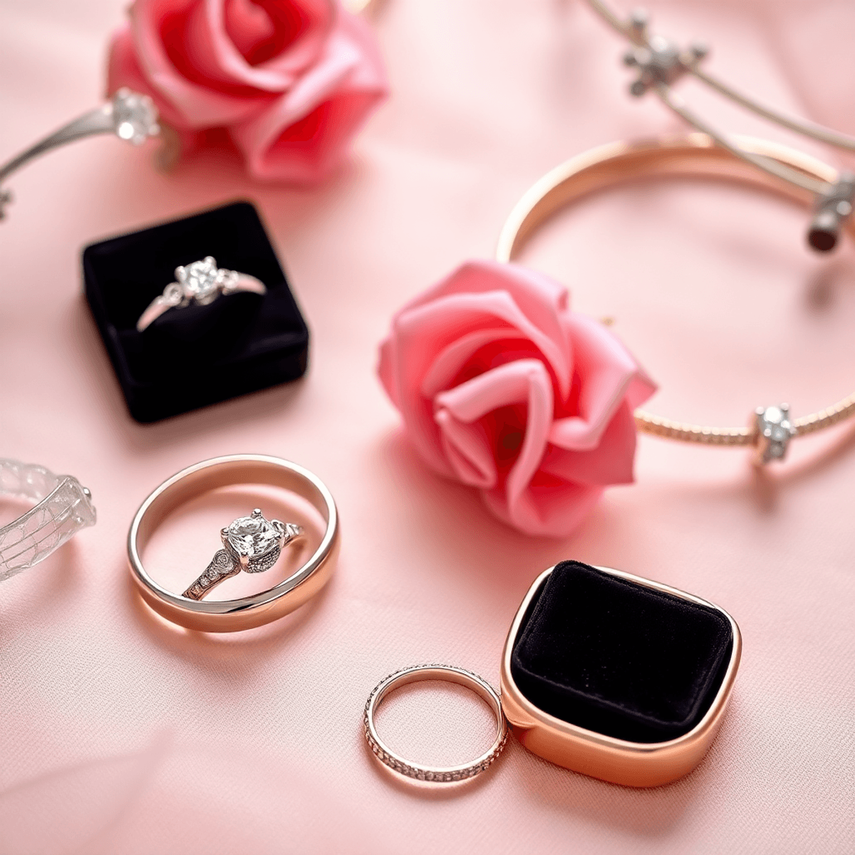 A collection of elegant couple jewelry pieces, including matching rings and bracelets, displayed on a soft, romantic background with floral accents and soft lig