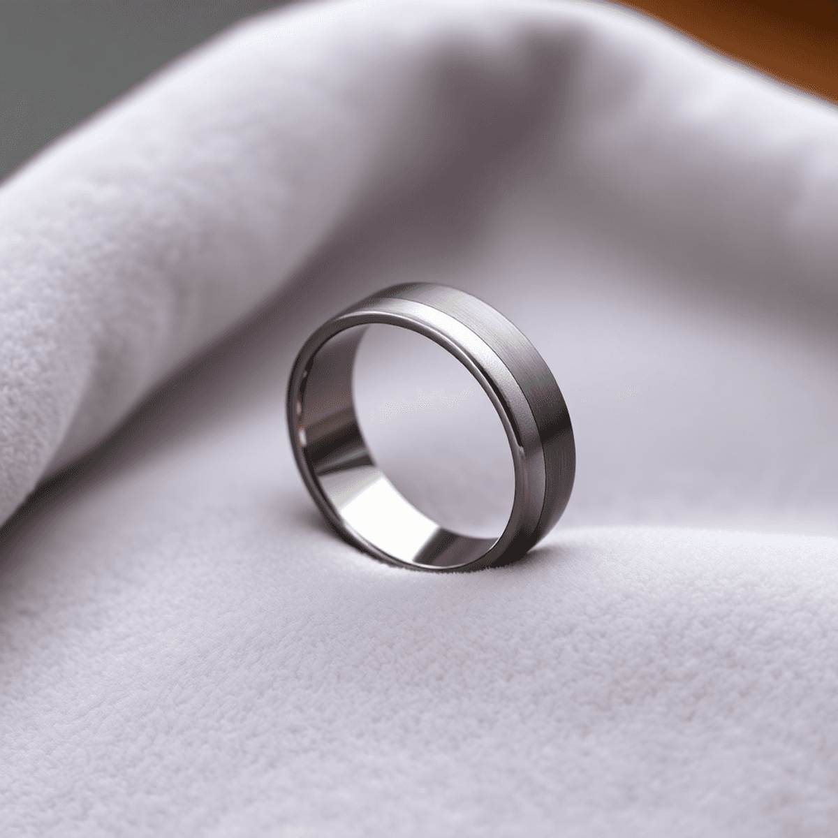 A close-up of a sleek tungsten carbide wedding band resting on a soft velvet surface, showcasing its modern design with subtle lighting enhancing its shine and 