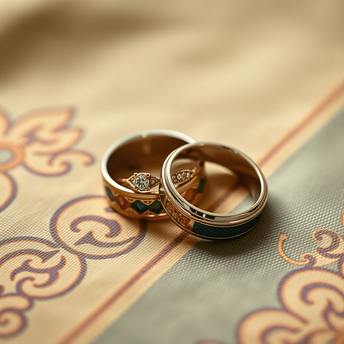 Close-up of elegant wedding bands on traditional Singaporean textile, featuring intricate patterns and soft, warm lighting that highlights love and commitment.