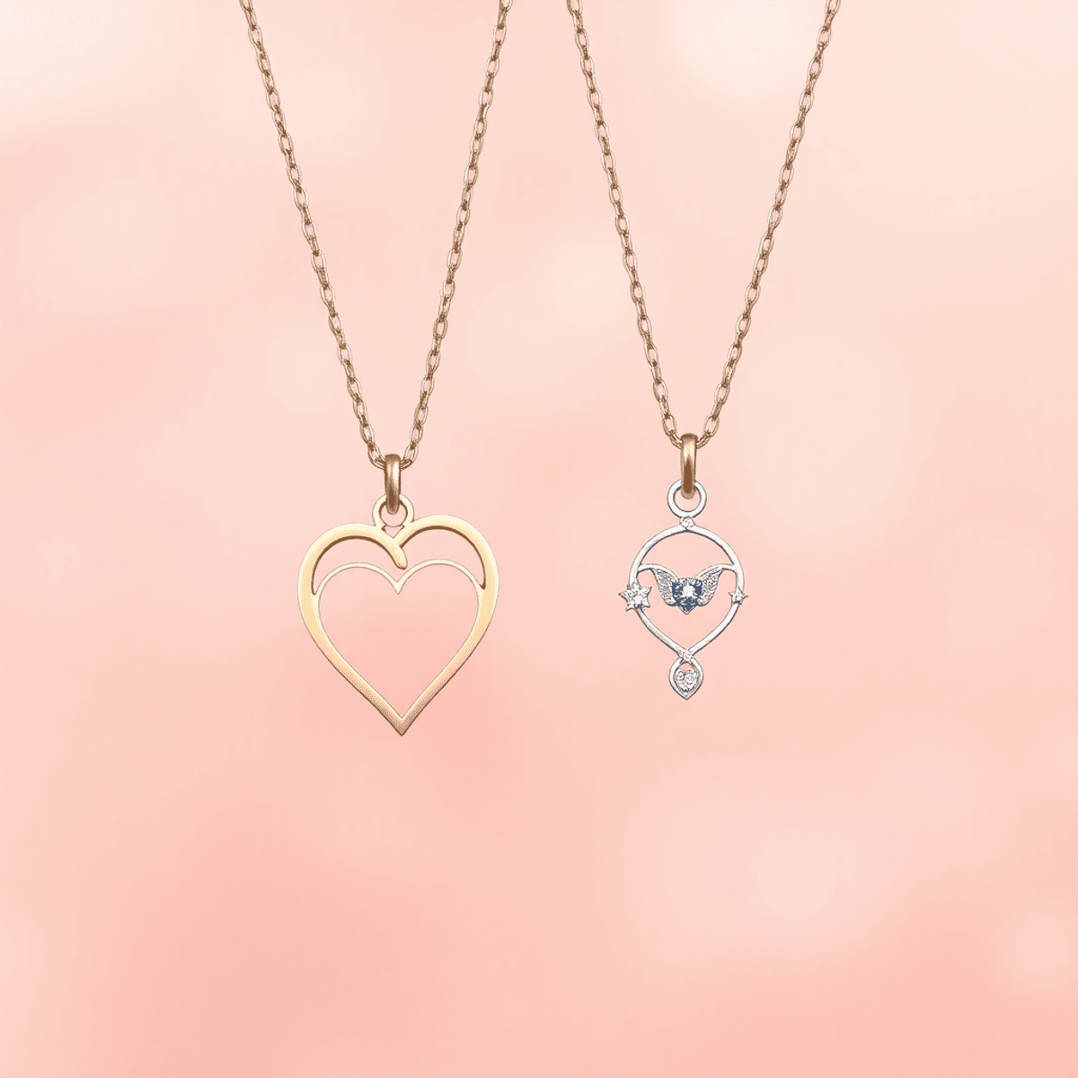 A pair of matching couple necklaces with unique designs, like intertwined hearts, displayed on a soft romantic background, symbolizing unity and love.