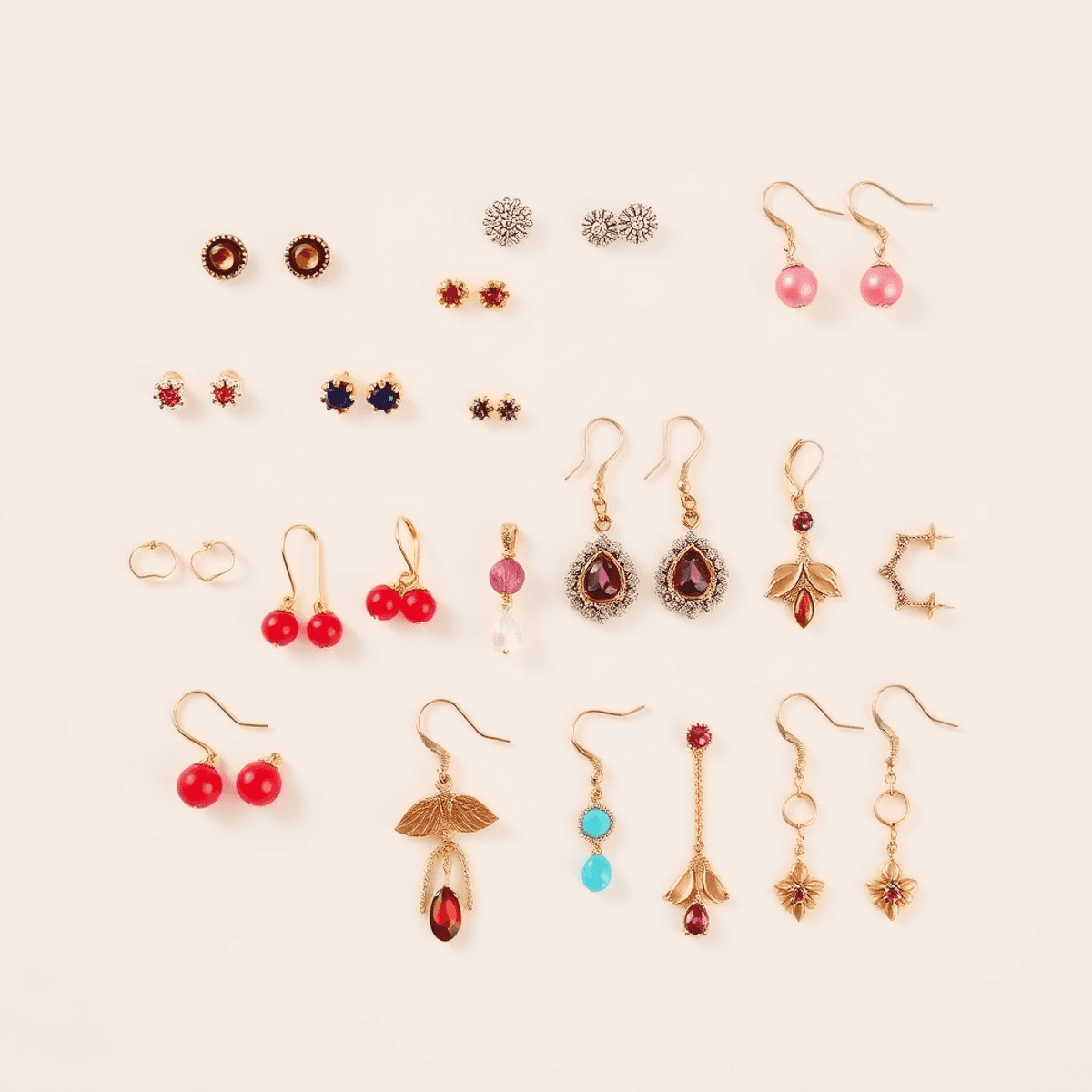 A flat lay of various earrings including classic studs, vibrant dangles, and unique kitten paw earhooks, arranged elegantly against a soft background.