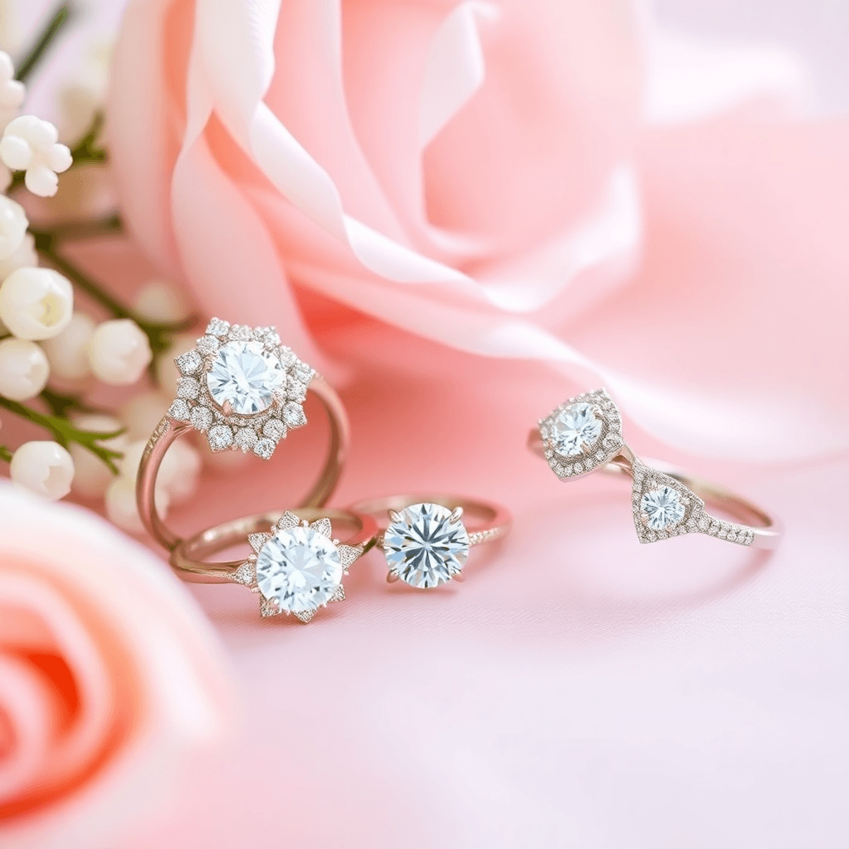 A stunning display of elegant wedding jewelry, including sparkling engagement rings and bands, set against a soft background with delicate flowers and satin fab