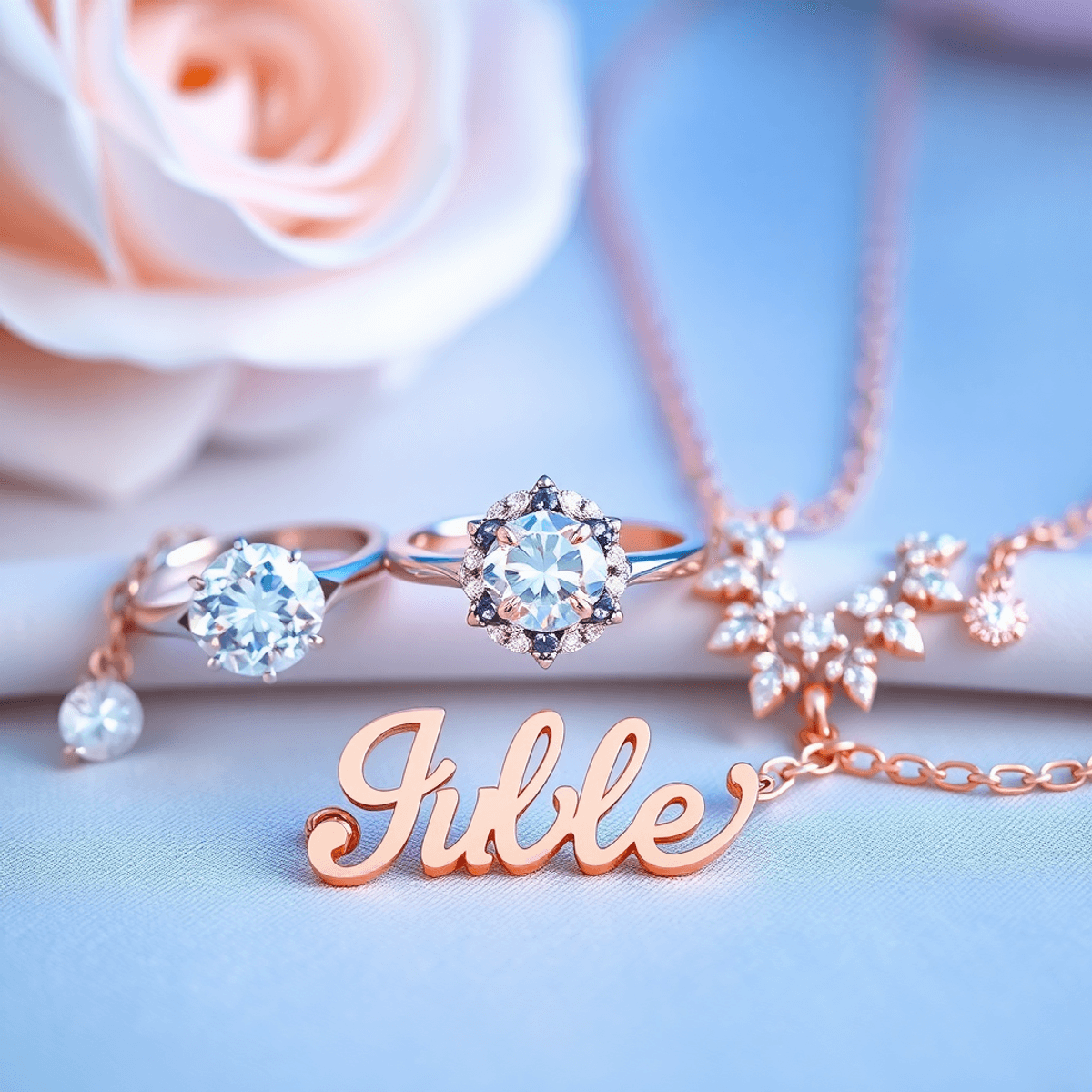 An elegant display of personalized jewelry featuring a sparkling engagement ring, customized name necklace, and rose gold necklace on a soft romantic background