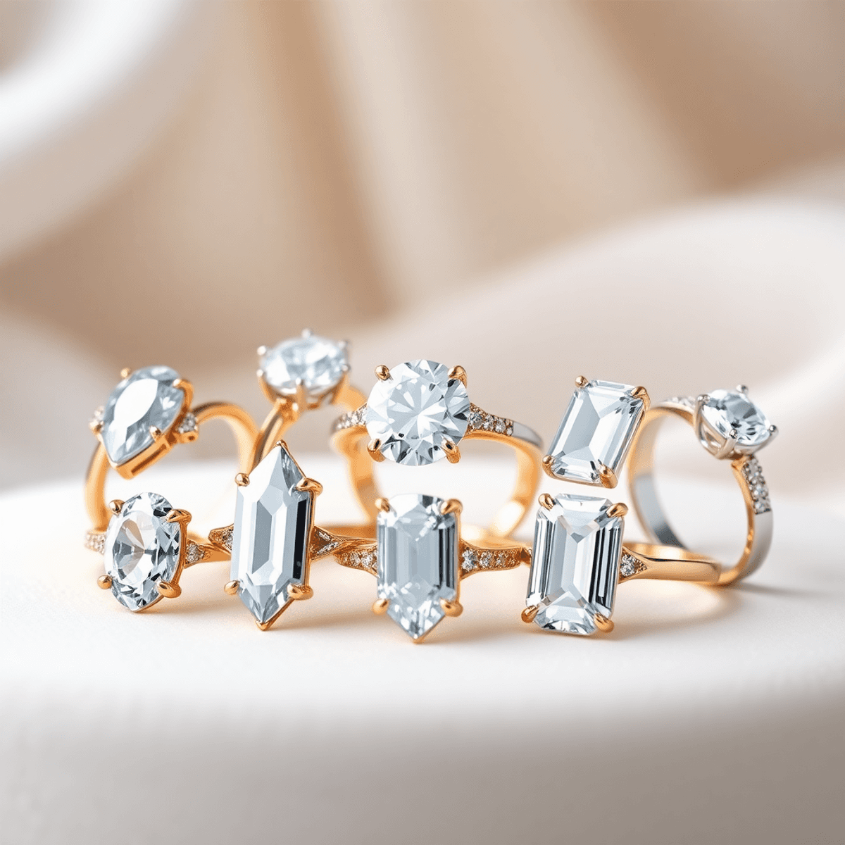 A collection of elegant wedding rings with fancy-shaped diamonds, including pear and emerald cuts, displayed against a soft, romantic backdrop.