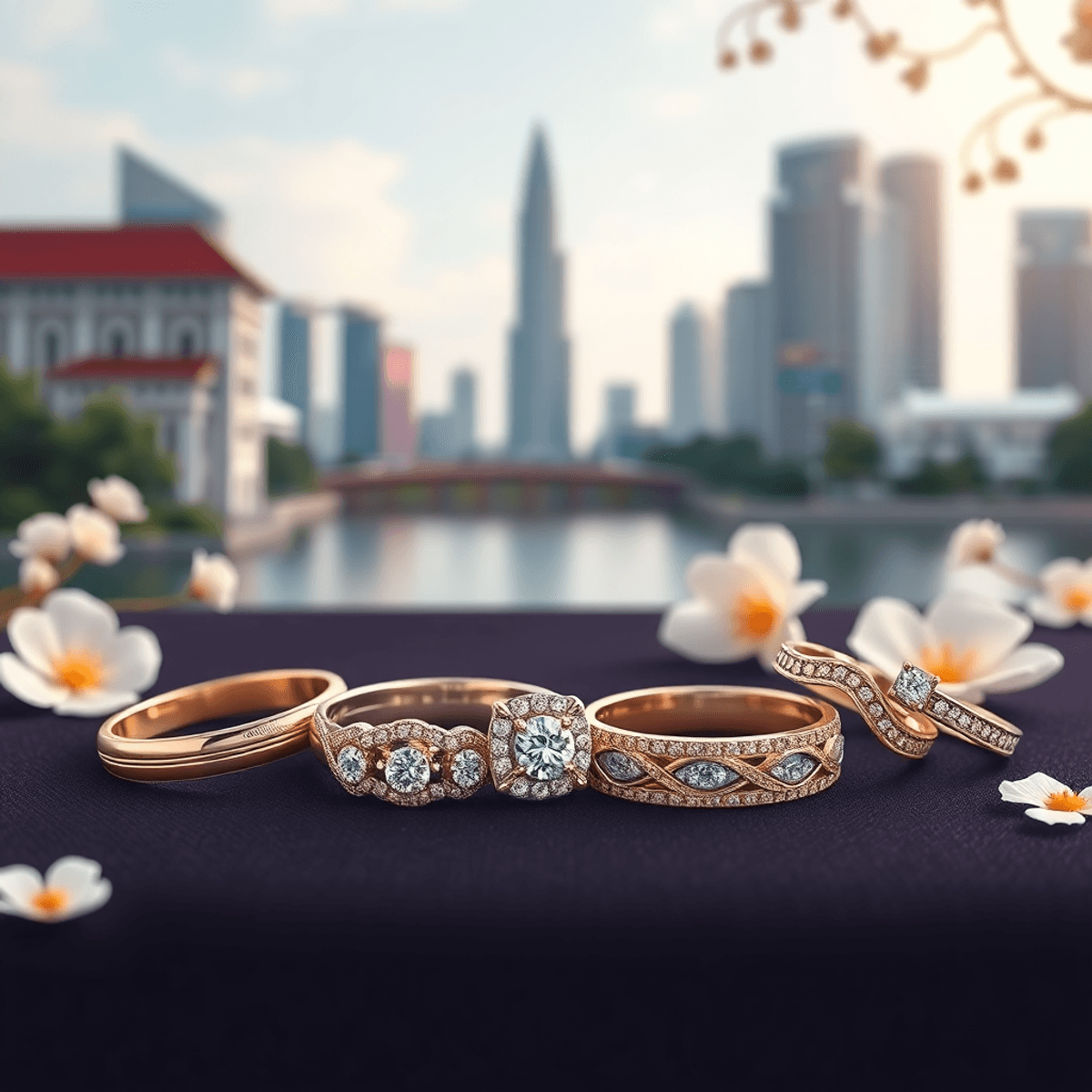 A stunning display of wedding rings, combining traditional gold bands and modern diamond designs, set against a backdrop reflecting Singapore's cultural heritag