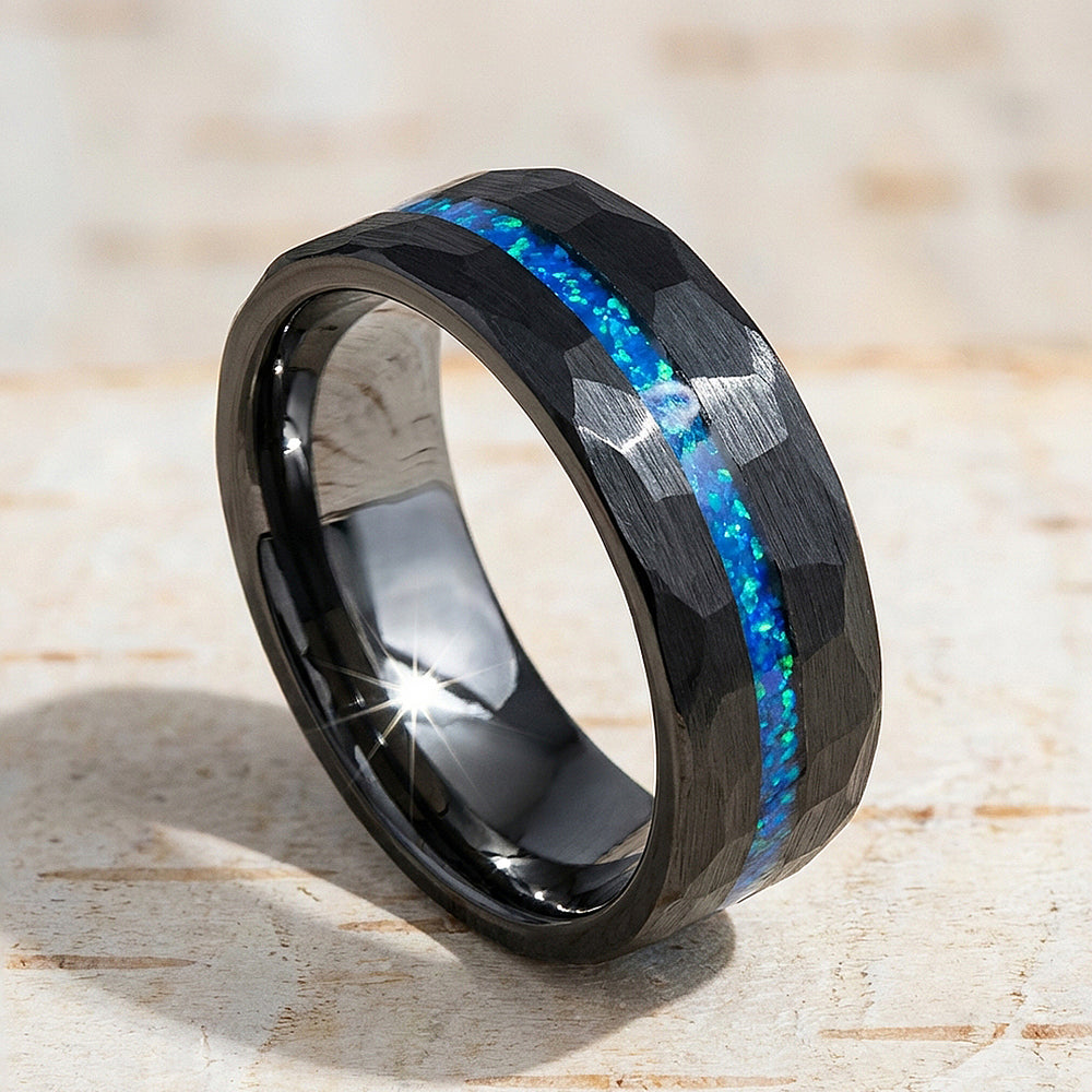 Abyssion Hammered Blue Opal Inlay Black Tungsten Carbide Ring - Ring | Singapore Jewellery, Wedding Rings & Gifts | Same Day Delivery | Tiara.com.sg