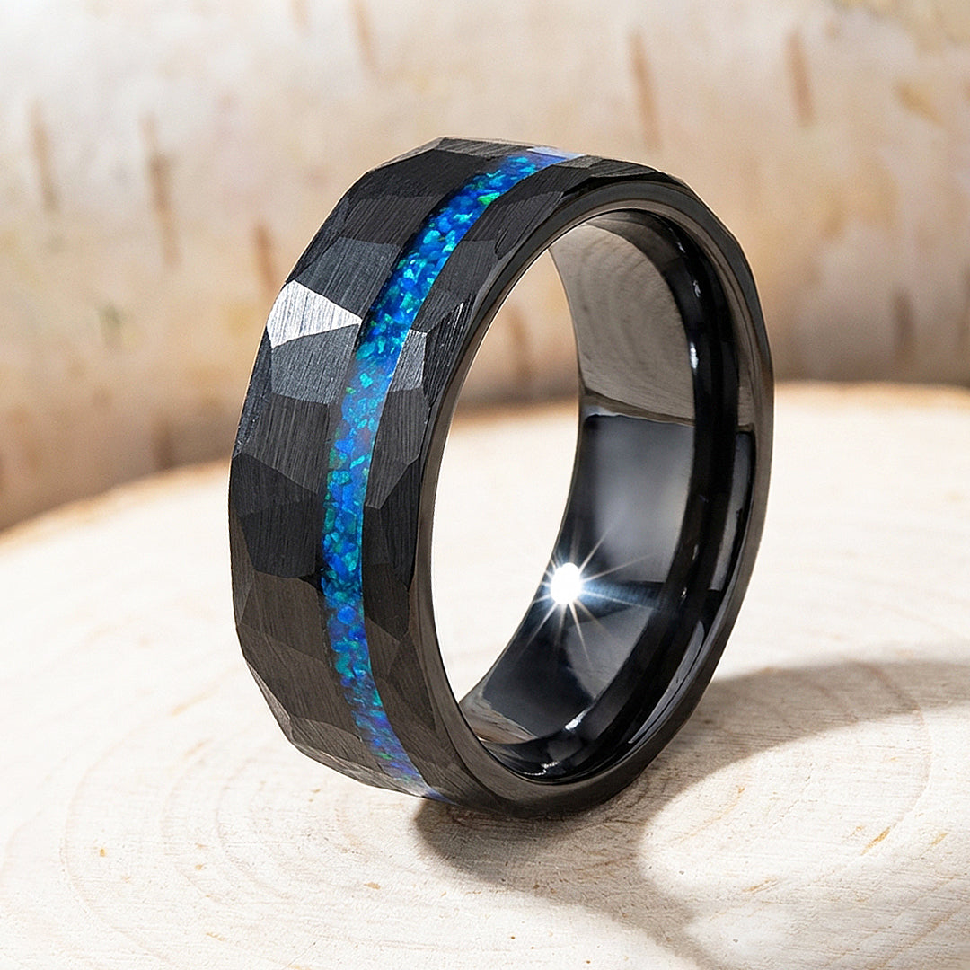 Abyssion Hammered Blue Opal Inlay Black Tungsten Carbide Ring - Ring | Singapore Jewellery, Wedding Rings & Gifts | Same Day Delivery | Tiara.com.sg