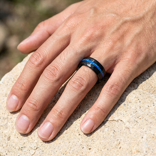 Abyssion Hammered Blue Opal Inlay Black Tungsten Carbide Ring - Ring | Singapore Jewellery, Wedding Rings &amp; Gifts | Same Day Delivery | Tiara.com.sg
