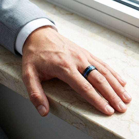 Abyssion Hammered Blue Opal Inlay Black Tungsten Carbide Ring - Ring | Singapore Jewellery, Wedding Rings &amp; Gifts | Same Day Delivery | Tiara.com.sg