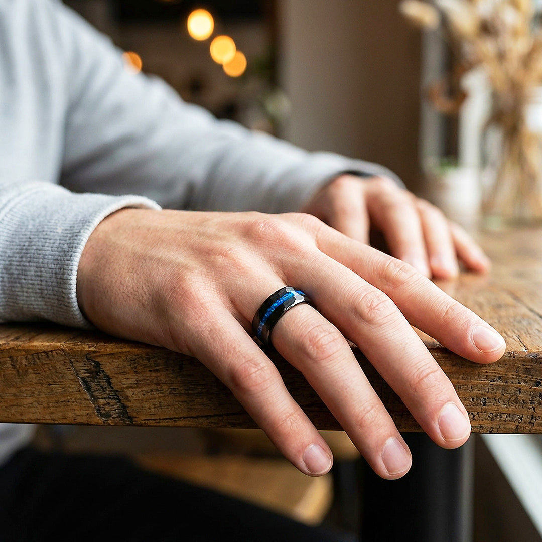 Abyssion Hammered Blue Opal Inlay Black Tungsten Carbide Ring - Ring | Singapore Jewellery, Wedding Rings &amp; Gifts | Same Day Delivery | Tiara.com.sg