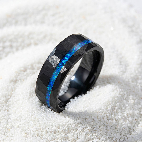 Abyssion Hammered Blue Opal Inlay Black Tungsten Carbide Ring - Ring | Singapore Jewellery, Wedding Rings &amp; Gifts | Same Day Delivery | Tiara.com.sg