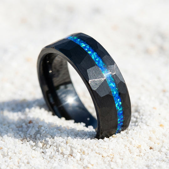 Abyssion Hammered Blue Opal Inlay Black Tungsten Carbide Ring - Ring | Singapore Jewellery, Wedding Rings &amp; Gifts | Same Day Delivery | Tiara.com.sg