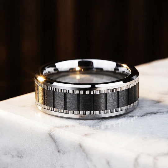 Alston Brushed Gear Pattern Tungsten Carbide Ring