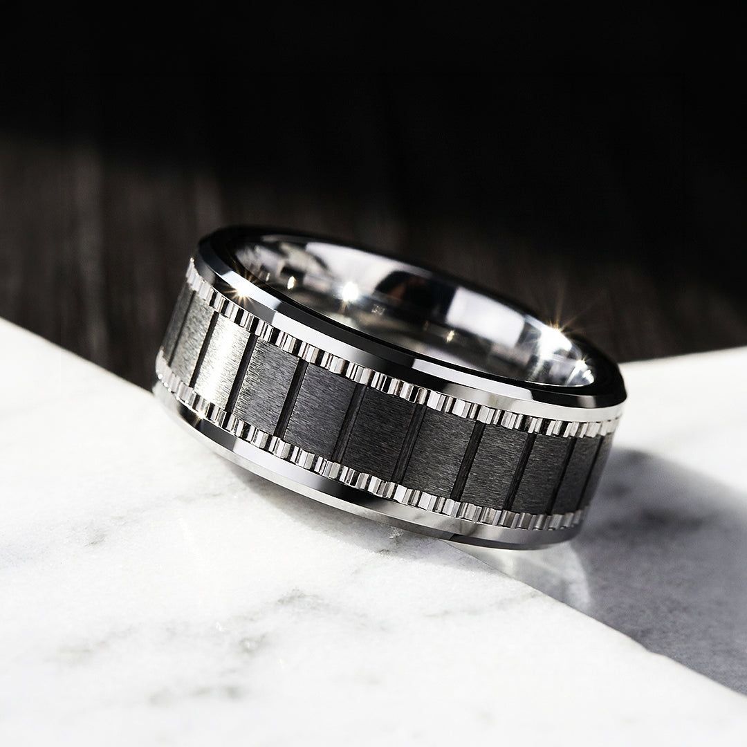 Alston Brushed Gear Pattern Tungsten Carbide Ring
