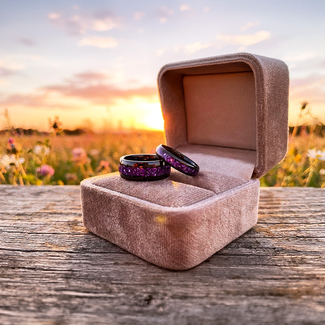 Amethyst Galaxy | Tungsten Couple Rings | Black Wedding Bands