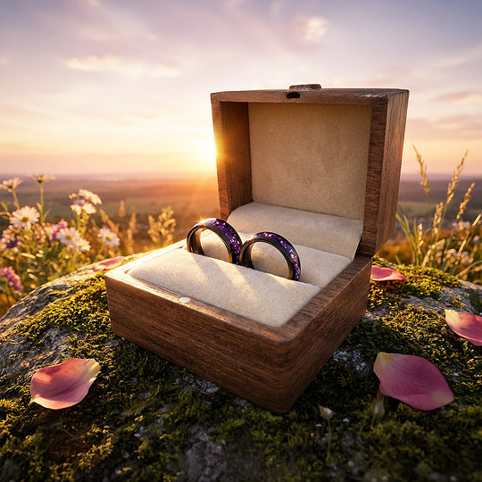 Amethyst Galaxy | Tungsten Couple Rings | Black Wedding Bands