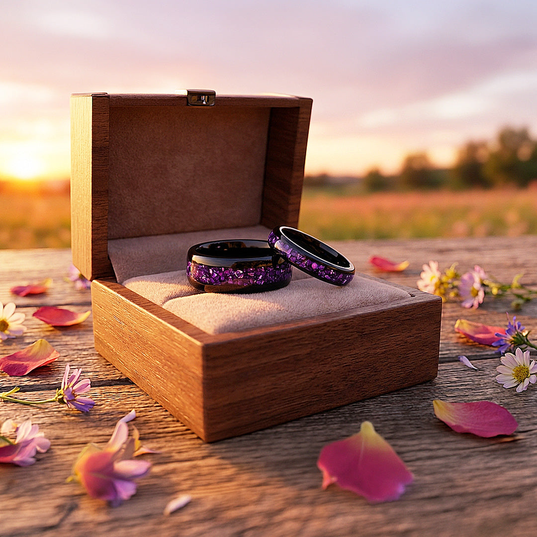 Amethyst Galaxy | Tungsten Couple Rings | Black Wedding Bands