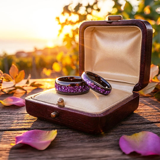 Amethyst Galaxy | Tungsten Couple Rings | Black Wedding Bands