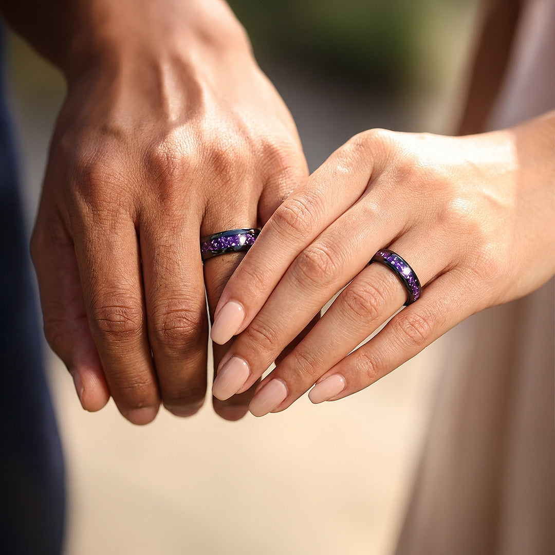 Amethyst Galaxy | Tungsten Couple Rings | Black Wedding Bands