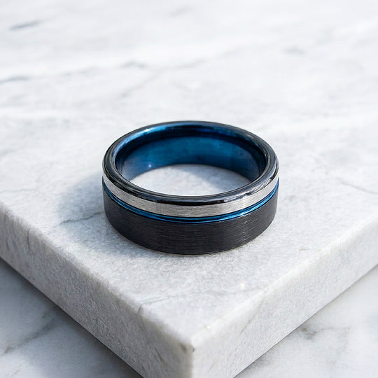 Aura | Matte Brushed Black and Silver Tungsten Carbide | Men&