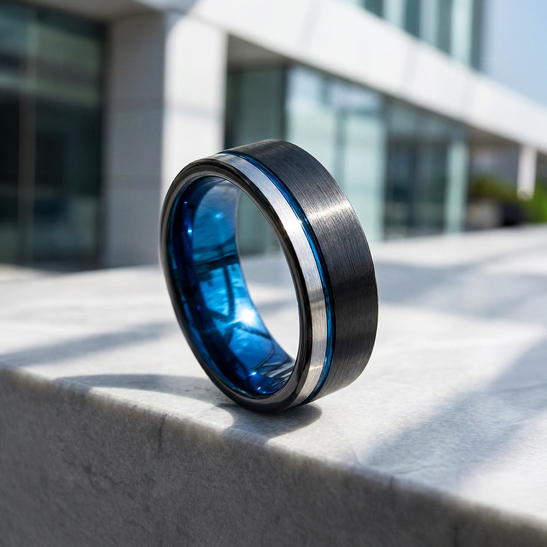 Aura | Matte Brushed Black and Silver Tungsten Carbide | Men&