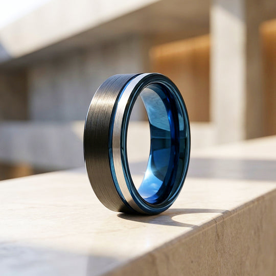 Aura | Matte Brushed Black and Silver Tungsten Carbide | Men&