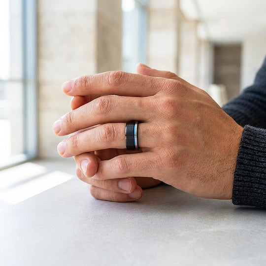 Aura | Matte Brushed Black and Silver Tungsten Carbide | Men&