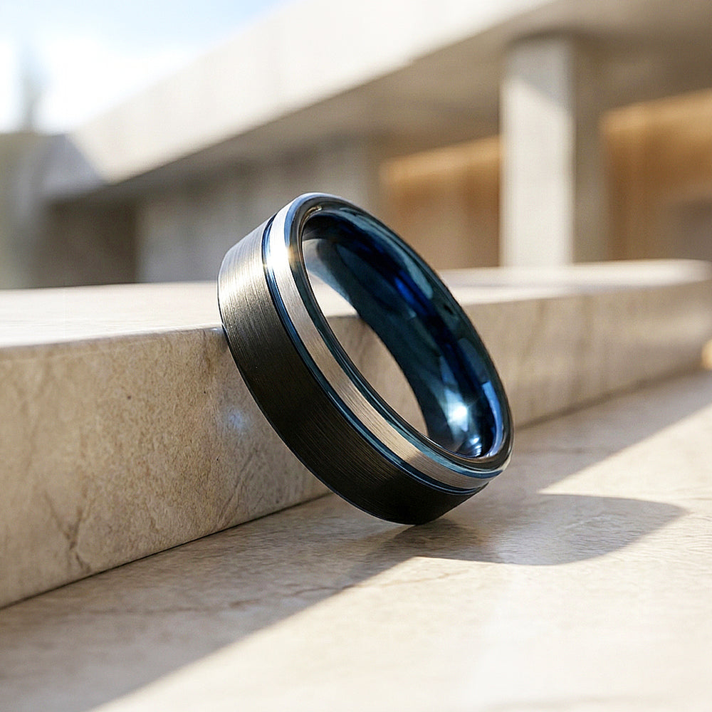 Aura | Matte Brushed Black and Silver Tungsten Carbide | Men's Ring