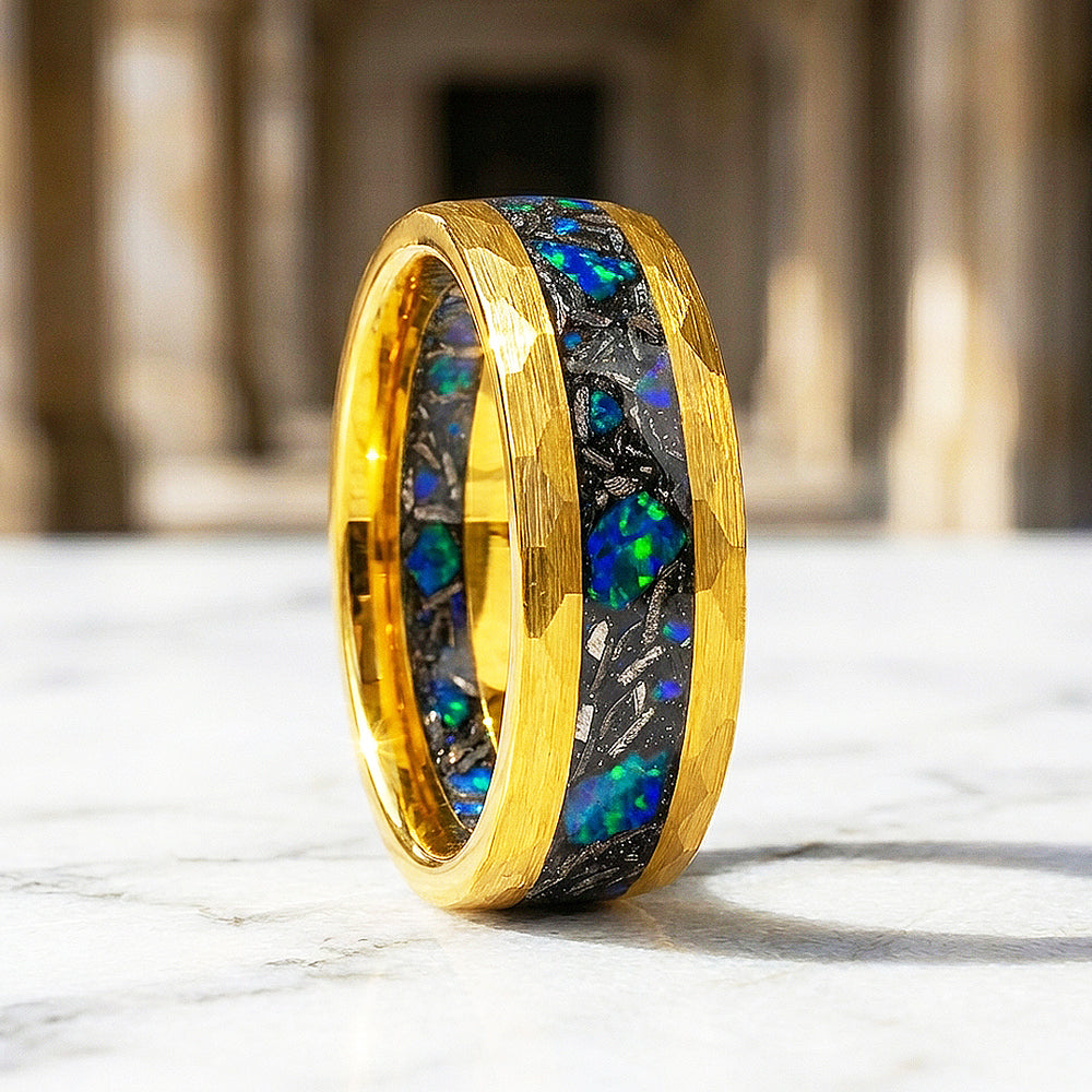 Aureus Opal Hammered Gold Opal Inlay Tungsten Carbide Ring