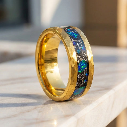 Aureus Opal Hammered Gold Opal Inlay Tungsten Carbide Ring