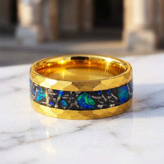 Aureus Opal Hammered Gold Opal Inlay Tungsten Carbide Ring - Ring | Singapore Jewellery, Wedding Rings &amp; Gifts | Same Day Delivery | Tiara.com.sg