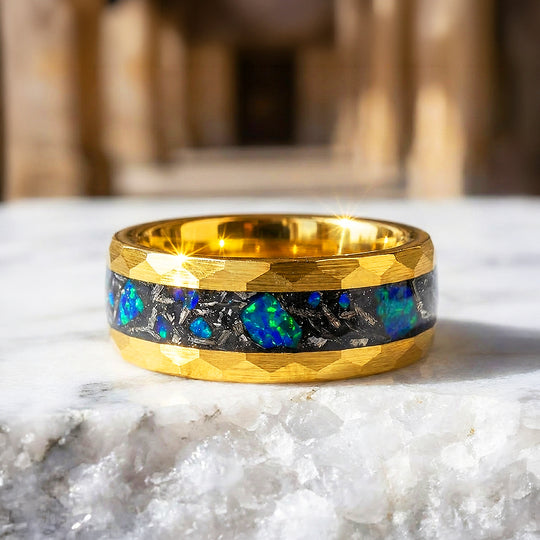 Aureus Opal Hammered Gold Opal Inlay Tungsten Carbide Ring - Ring | Singapore Jewellery, Wedding Rings &amp; Gifts | Same Day Delivery | Tiara.com.sg