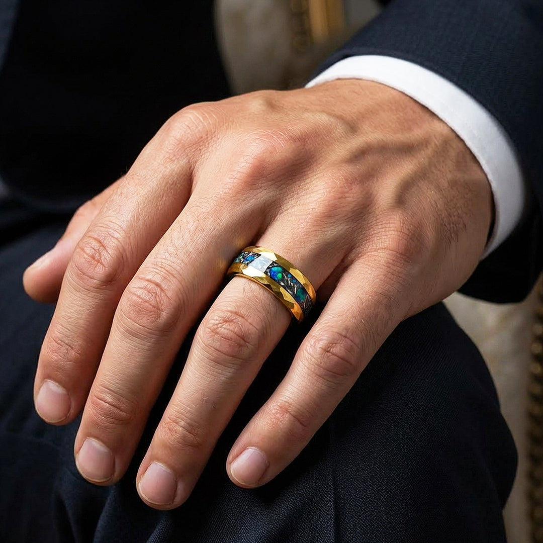 Aureus Opal Hammered Gold Opal Inlay Tungsten Carbide Ring - Ring | Singapore Jewellery, Wedding Rings &amp; Gifts | Same Day Delivery | Tiara.com.sg
