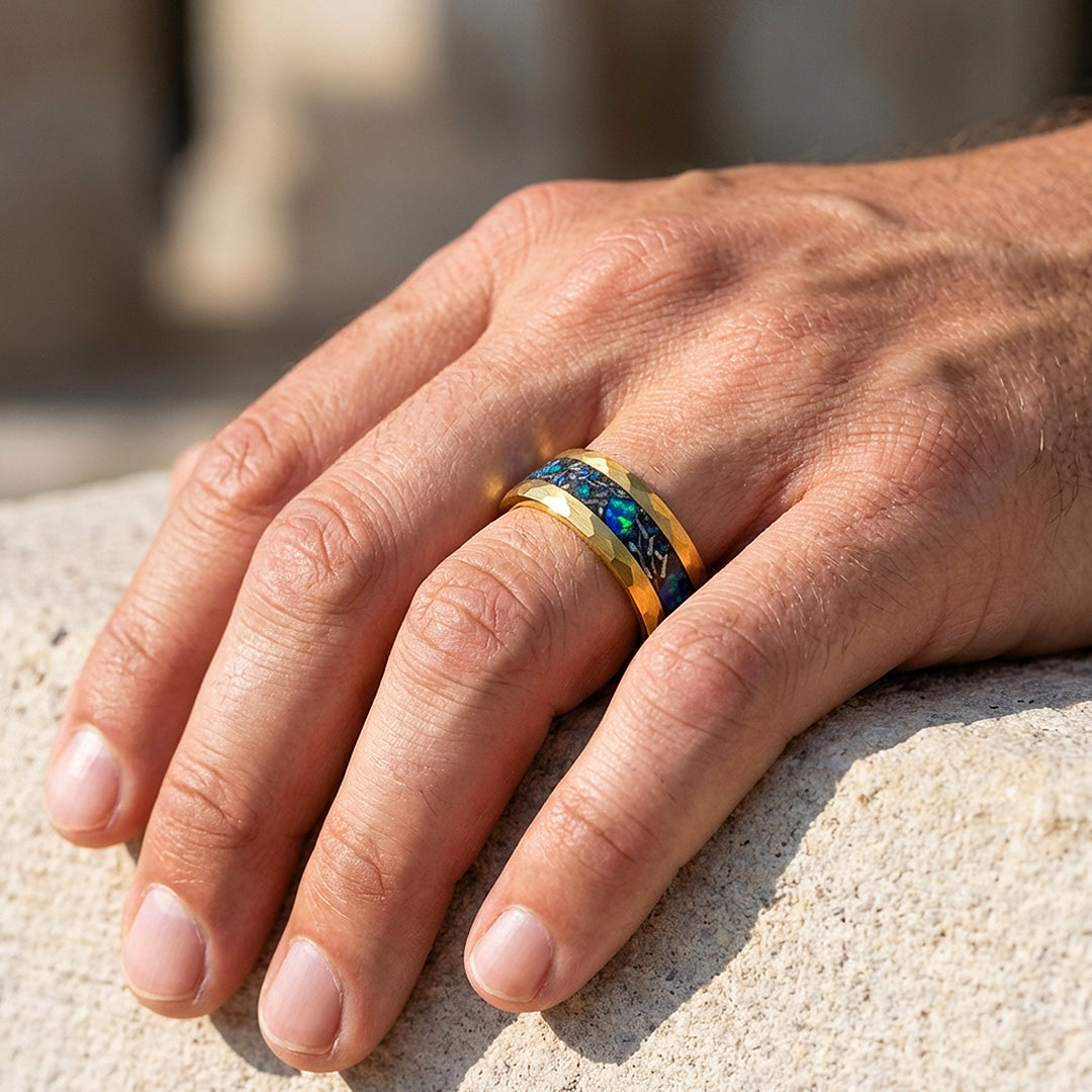 Aureus Opal Hammered Gold Opal Inlay Tungsten Carbide Ring - Ring | Singapore Jewellery, Wedding Rings &amp; Gifts | Same Day Delivery | Tiara.com.sg