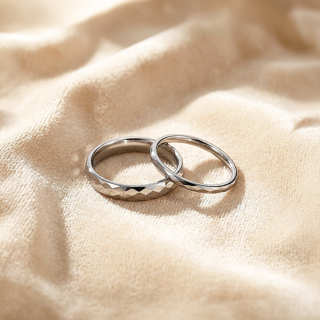 Aurist | Faceted Tungsten Couple Rings | Silver or Gold Wedding Bands