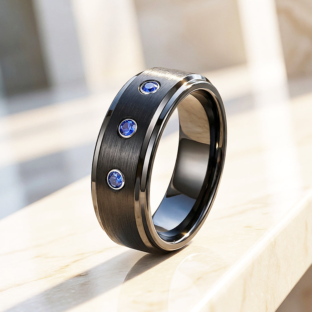 Azure Brushed Triple Blue Stone Black Tungsten Carbide Ring – Tiara.com.sg