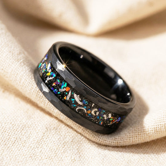 Barrel Hammered Opal Meteorite Inlay Black Tungsten Carbide Ring - Ring | Singapore Jewellery, Wedding Rings &amp; Gifts | Same Day Delivery | Tiara.com.sg