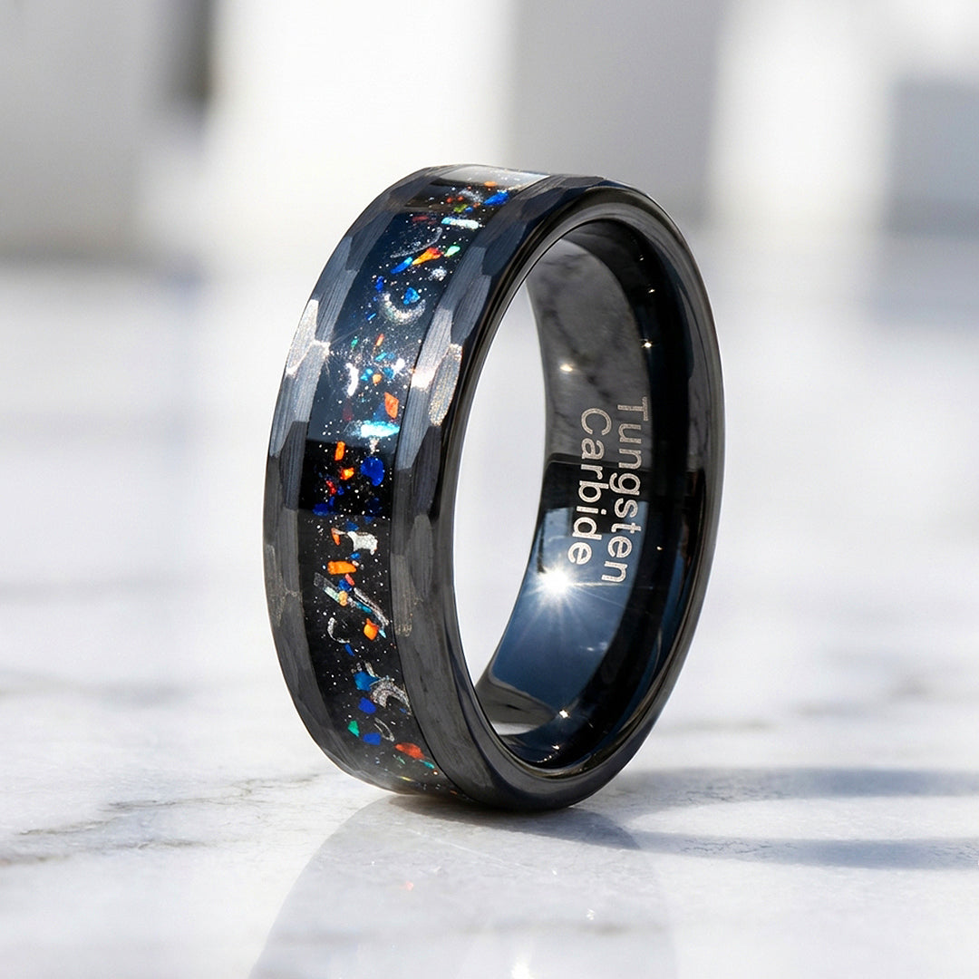 Barrel Hammered Opal Meteorite Inlay Black Tungsten Carbide Ring - Ring | Singapore Jewellery, Wedding Rings & Gifts | Same Day Delivery | Tiara.com.sg