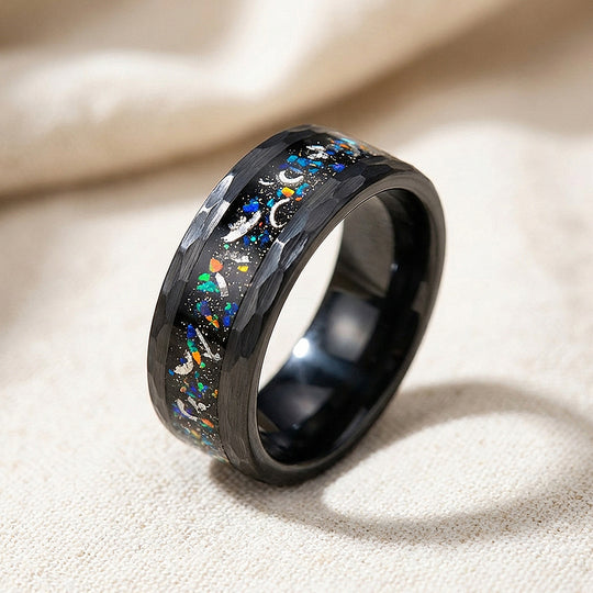Barrel Hammered Opal Meteorite Inlay Black Tungsten Carbide Ring - Ring | Singapore Jewellery, Wedding Rings &amp; Gifts | Same Day Delivery | Tiara.com.sg