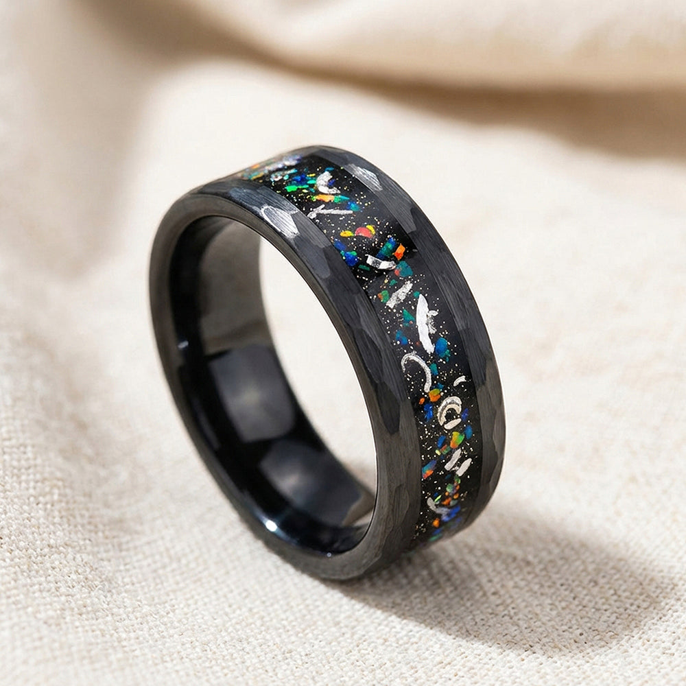 Barrel Hammered Opal Meteorite Inlay Black Tungsten Carbide Ring - Ring | Singapore Jewellery, Wedding Rings & Gifts | Same Day Delivery | Tiara.com.sg